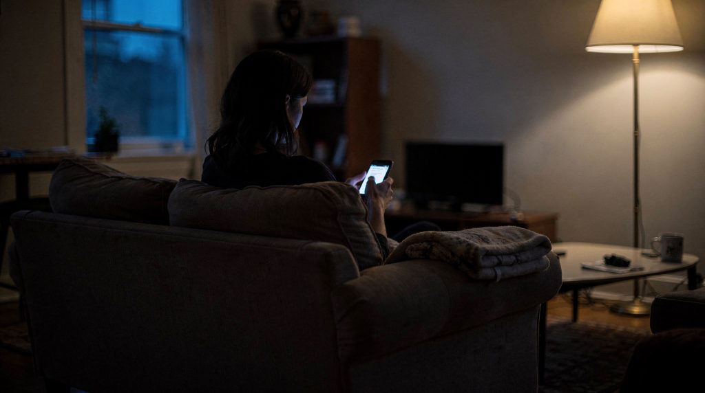 Femme seule tenant son téléphone après une rupture