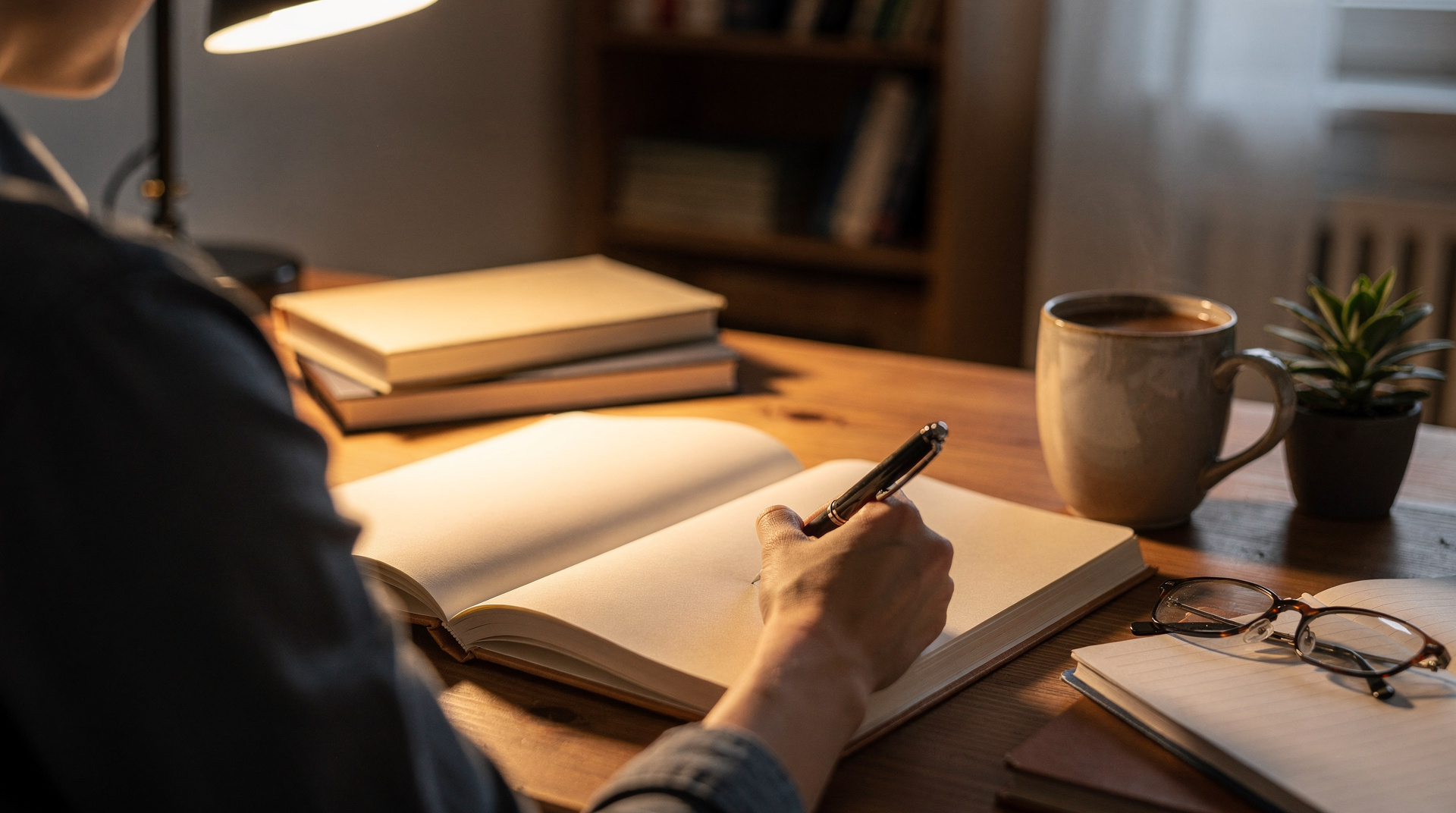 Personne écrivant dans un journal intime à son bureau