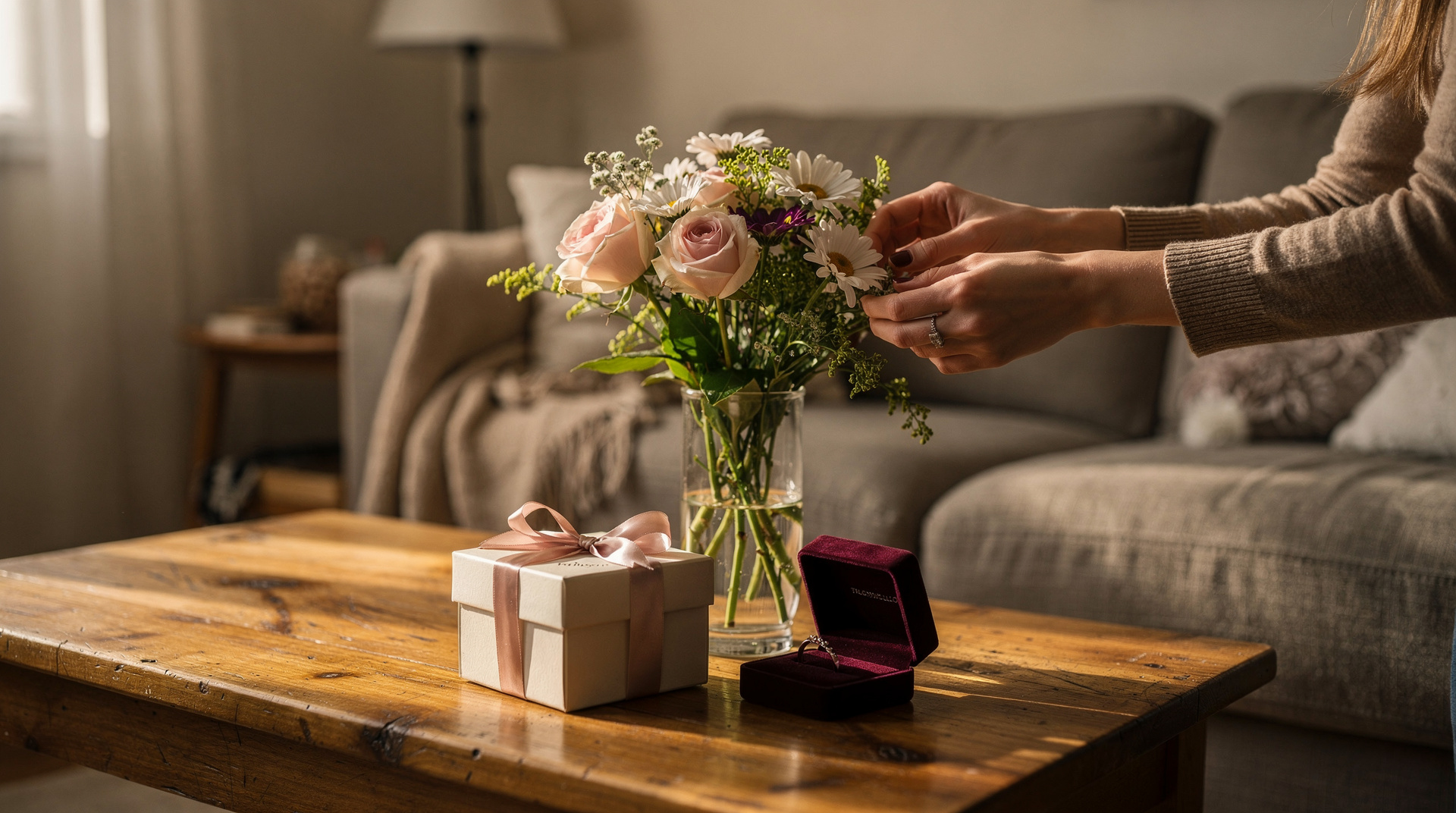 Table garnie de bouquets et de cadeaux dans une relation amoureuse naissante