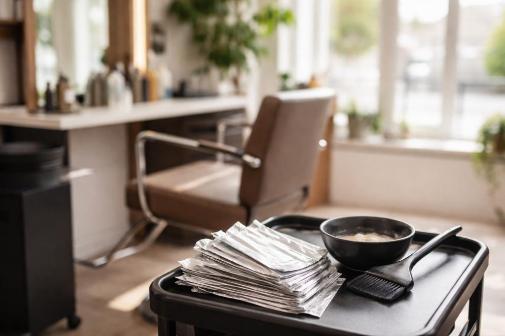 Coiffeuse appliquant des mèches balayage sur cheveux bruns