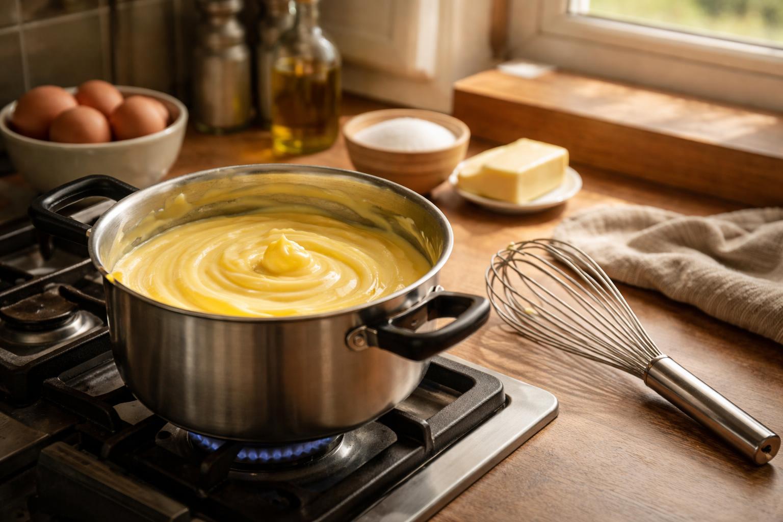 Crème pâtissière cuite dans une casserole sur une cuisinière