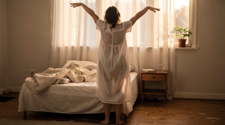 Femme qui s'étire au réveil dans une chambre lumineuse