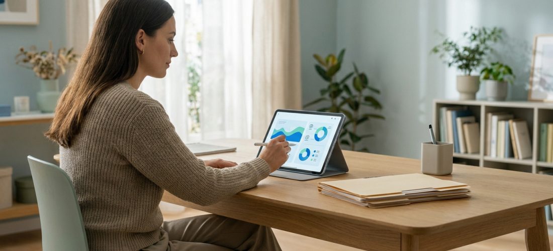 Femme gérant des contrats sur tablette affichant des données. Des dossiers papier sur le bureau symbolisent la simplification numérique.
