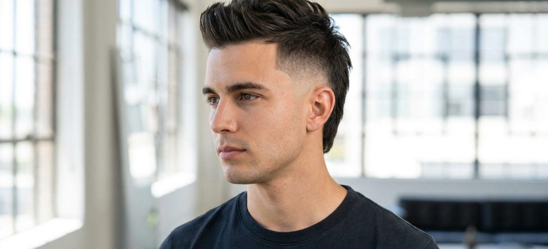 Homme aux cheveux bruns arborant une coupe crête espagnole avec un dégradé prononcé sur les côtés.