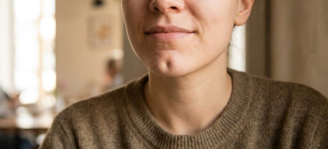 Gros plan sur le bas du visage d'une personne souriante montrant distinctement une fossette au menton.