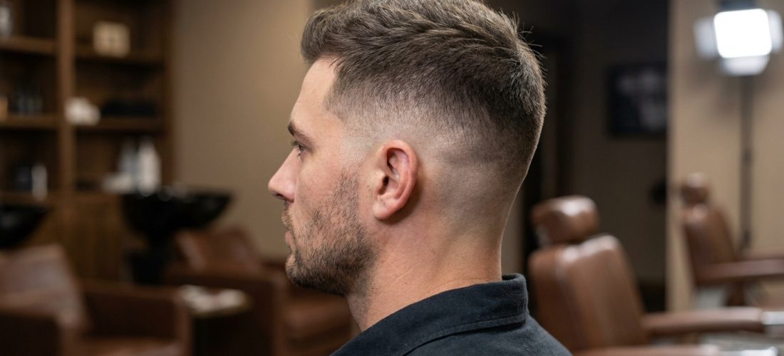 Vue latérale d'un homme avec une coupe de cheveux taper fade et une courte barbe, dans un salon de coiffure moderne.