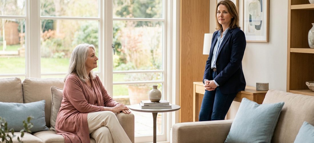 Deux femmes de générations différentes dans un salon lumineux. L'aînée est assise pensive, la plus jeune debout et attentive.