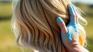 application du shampoing bleu sur cheveux blonds