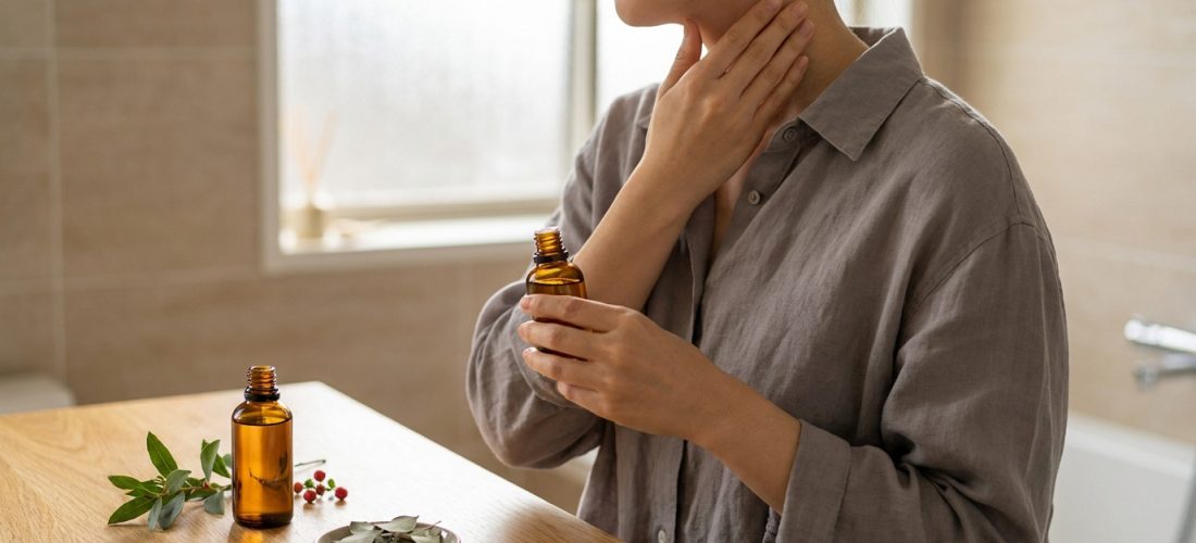 Femme appliquant une huile essentielle sur son cou. Des flacons d'huiles et des plantes sont sur une table en bois clair dans une pièce lumineuse.