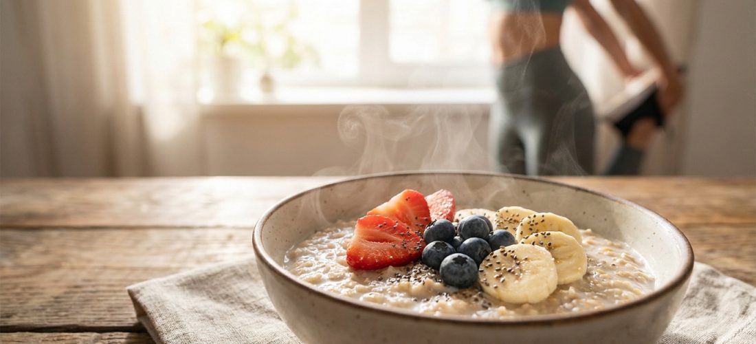 Bol de flocons d'avoine fumants garni de fraises, myrtilles, bananes et graines de chia sur table en bois. Silhouette sportive en arrière-plan.