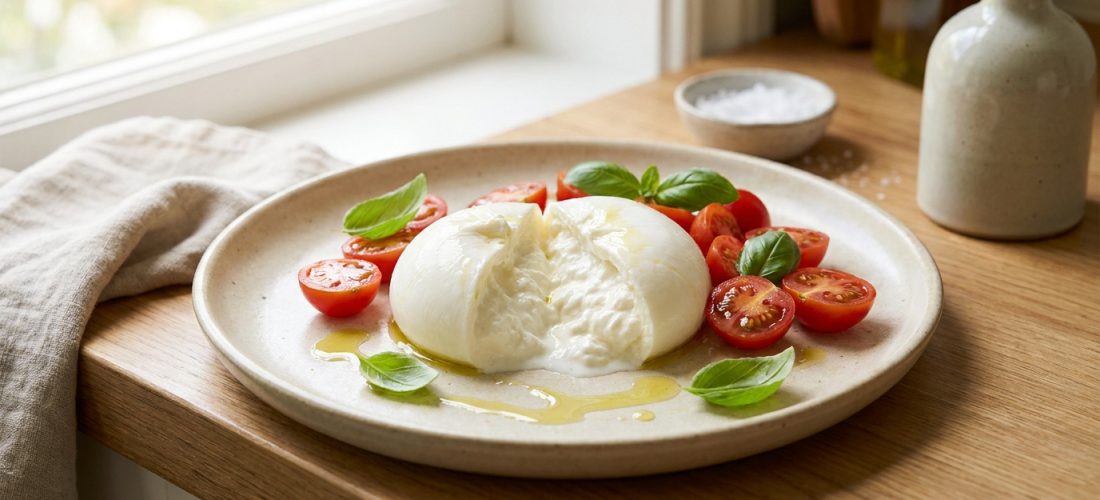 Assiette de burrata coupée révélant son cœur crémeux, accompagnée de tomates cerises, basilic frais et filet d'huile d'olive.
