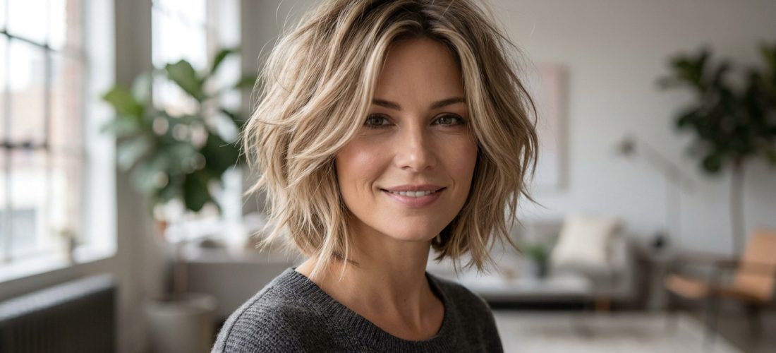 Portrait d'une femme souriante avec un carré dégradé flou aux reflets blonds, portant un pull gris dans un intérieur lumineux.