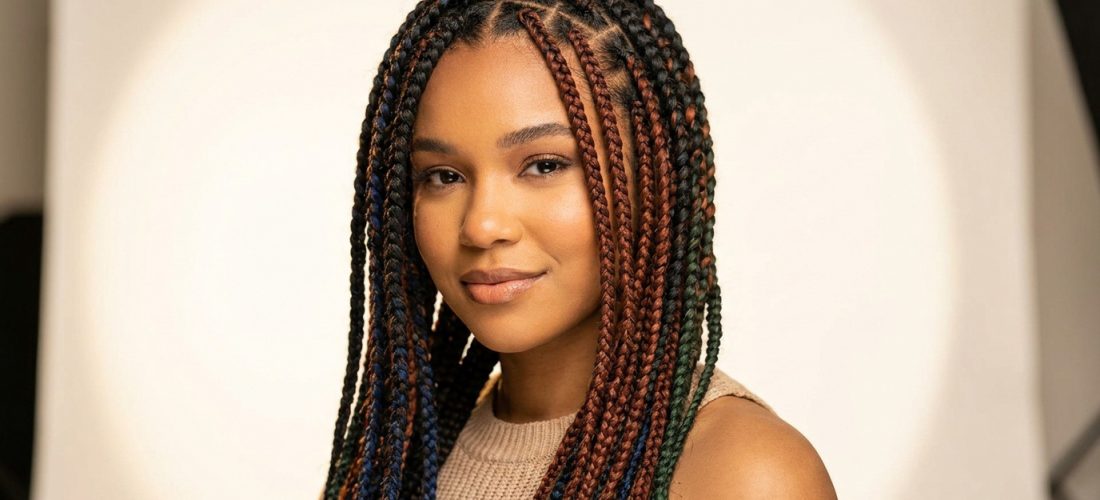 Portrait d'une femme avec des tresses colorées sophistiquées sur fond blanc.