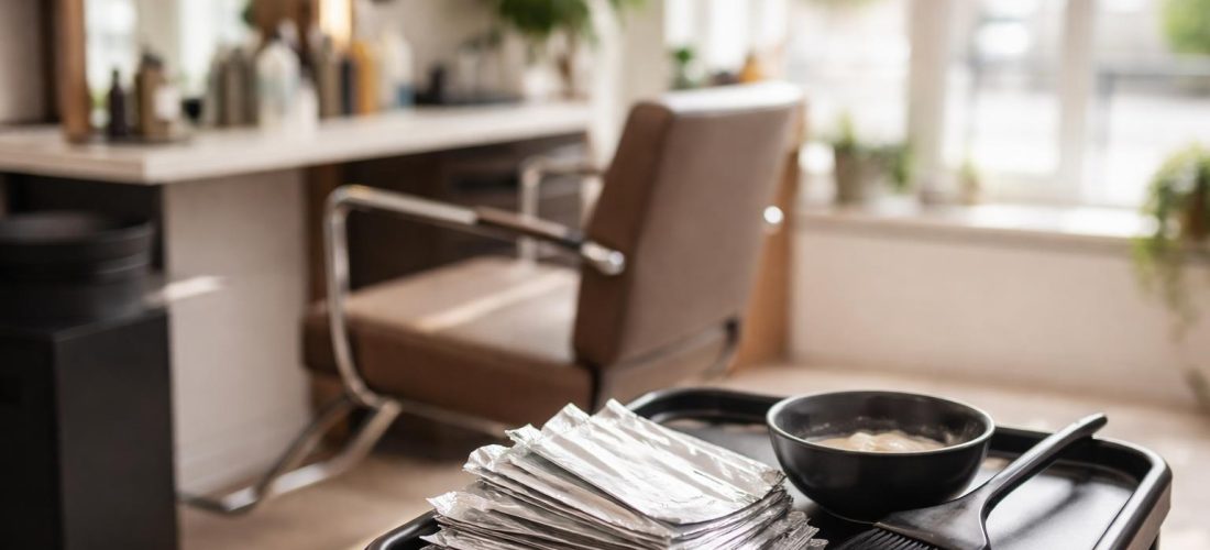 Coiffeuse appliquant des mèches balayage sur cheveux bruns