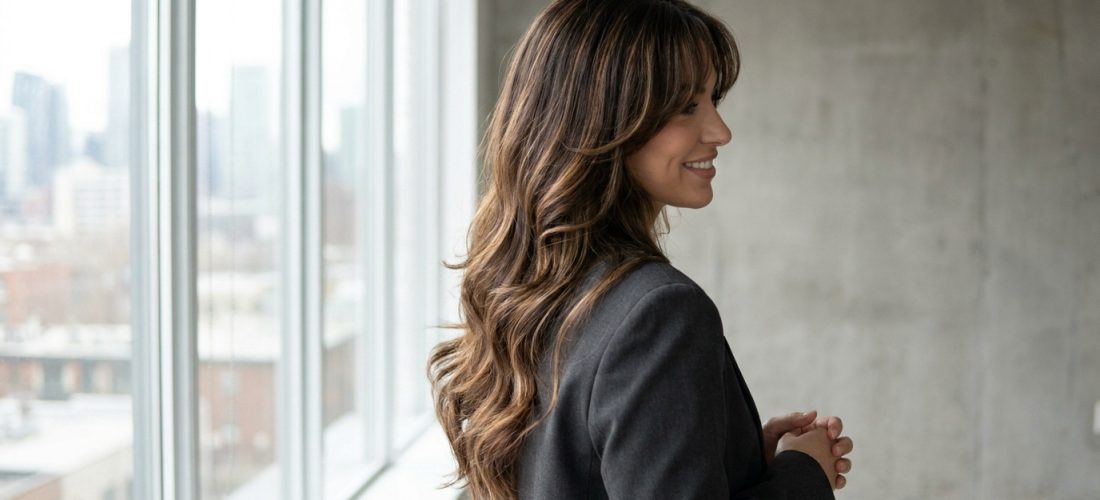 Femme avec de longs cheveux bruns ondulés et une frange rideau, portant un blazer gris près d'une fenêtre.