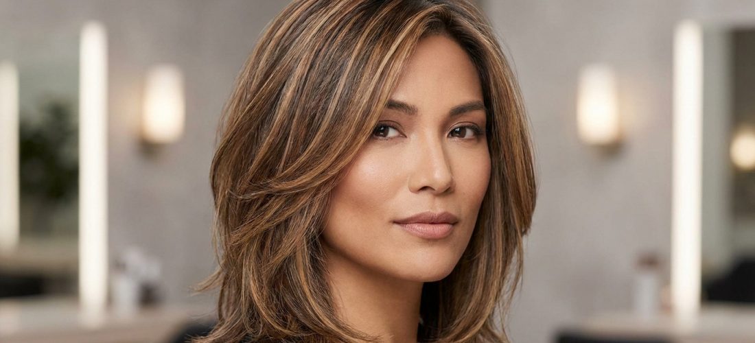 Femme aux cheveux mi-longs avec une coloration hair contouring mettant en valeur son visage.