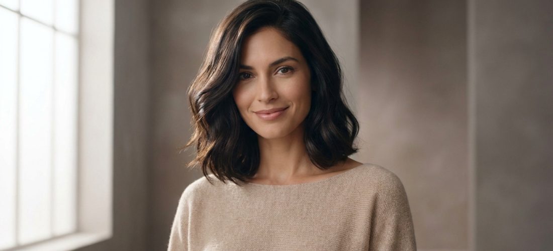Une femme aux cheveux bruns mi-longs stylisés en clavicut souriant doucement dans une pièce lumineuse.