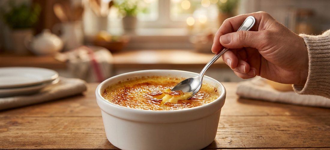 Une main tenant une cuillère plonge dans une crème brûlée caramélisée, révélant la crème onctueuse. Ambiance cuisine chaleureuse.