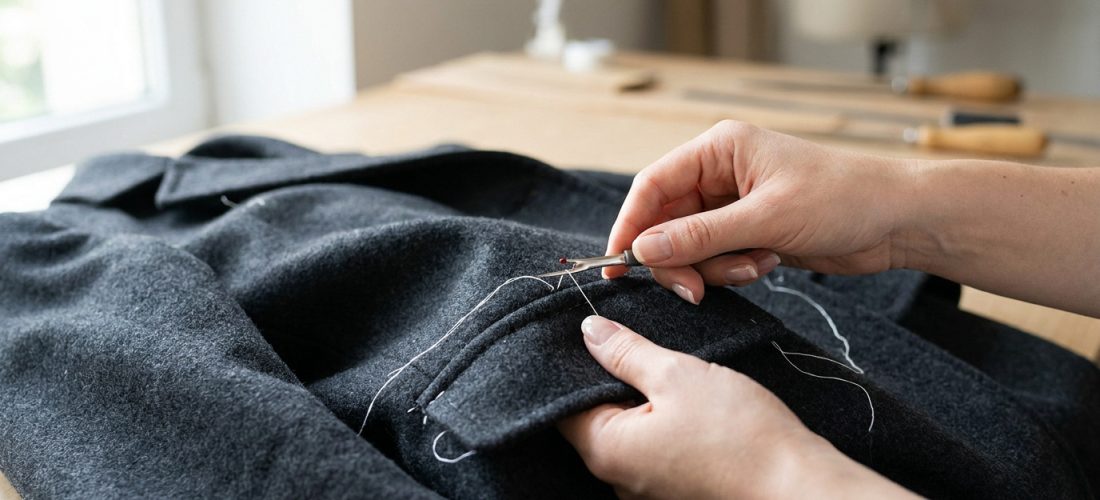 Une personne utilise un découseur pour ouvrir délicatement la poche d'un manteau gris foncé en tissu lainé, du fil blanc est visible.