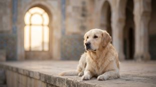 Golden Retriever crème allongé calmement sur une surface en pierre, un arrière-plan flou d'architecture orientale avec des arches et une fenêtre lumineuse.
