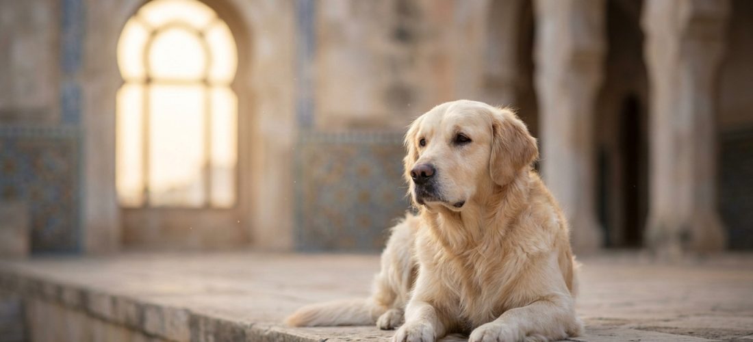 Golden Retriever crème allongé calmement sur une surface en pierre, un arrière-plan flou d'architecture orientale avec des arches et une fenêtre lumineuse.
