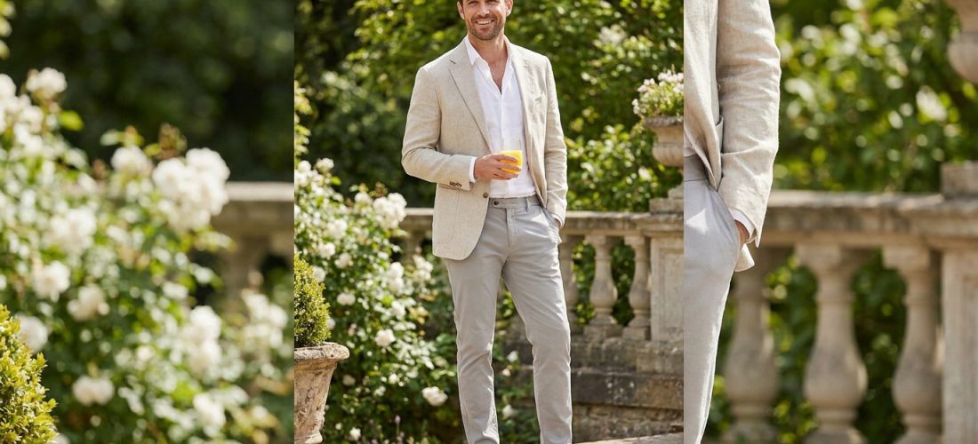 Un homme souriant portant une veste en lin beige, une chemise blanche et un pantalon gris dans un jardin fleuri.