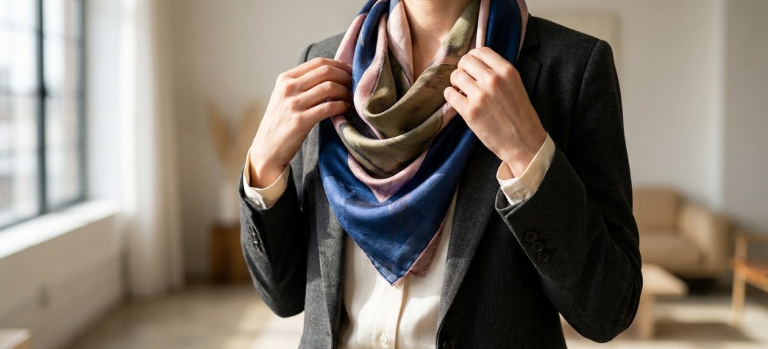 Gros plan sur une personne ajustant un foulard en soie multicolore (bleu, vert, rose) sur un blazer gris dans un intérieur lumineux.