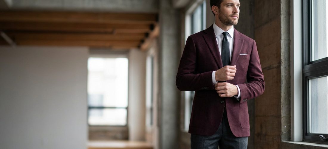 Homme élégant en blazer bordeaux, chemise blanche, cravate foncée et pantalon gris, ajustant sa manchette près d'une fenêtre.