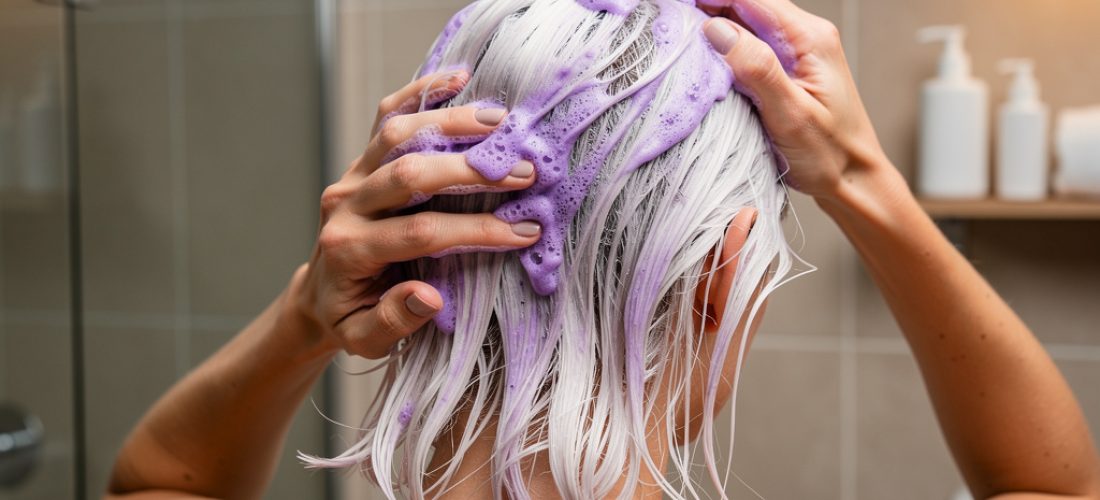 femme appliquant un shampoing violet sur cheveux b