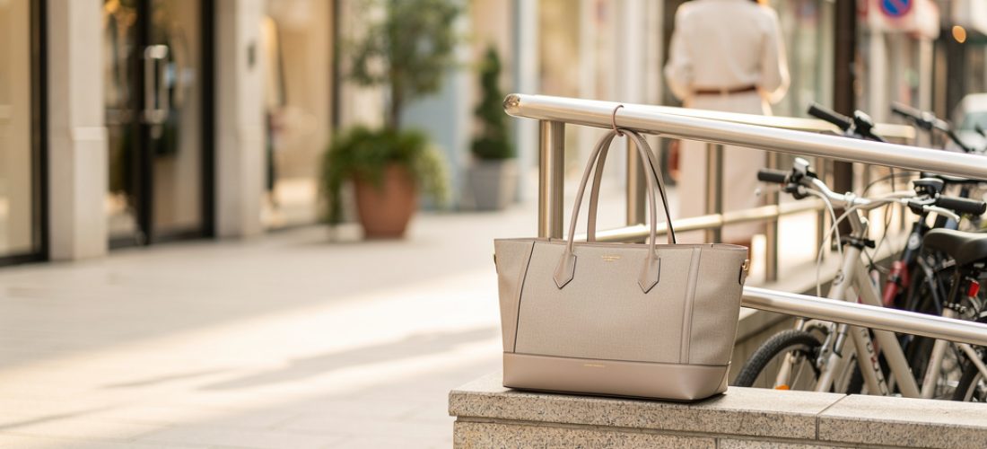 femme avec un cabas l gant dans une rue lumineuse