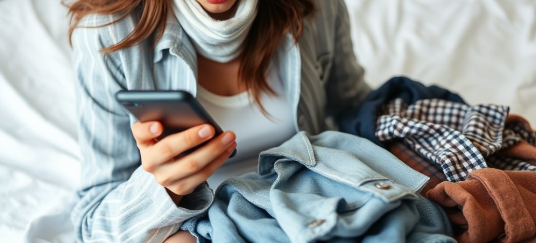 femme consultant son t l phone avec des v tements