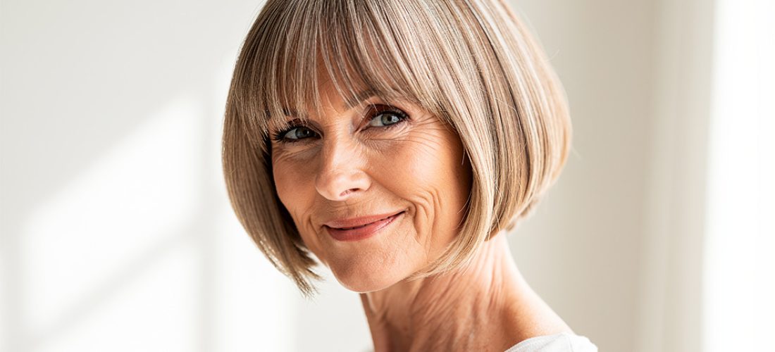 femme de 60 ans avec frange rideau et carr court s