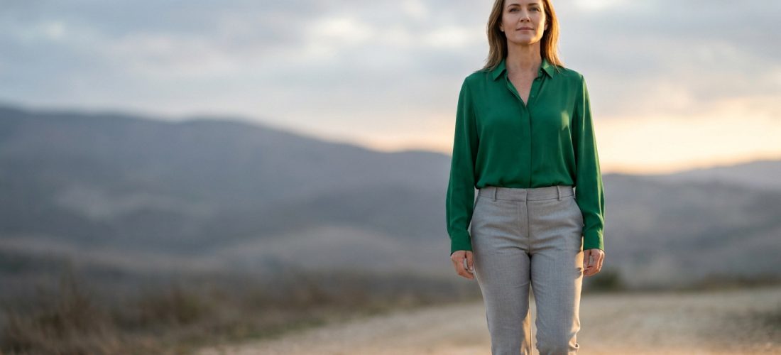 Portrait d'une femme blonde déterminée, en chemise verte et pantalon gris, marchant sur un chemin de terre au coucher du soleil.