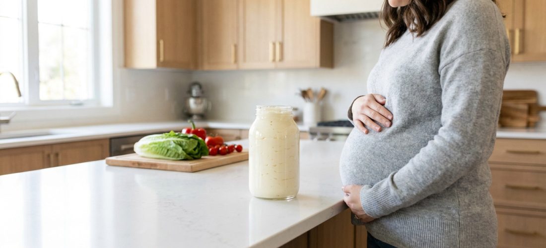 Une femme enceinte dans sa cuisine, une main sur son ventre. Près d'elle, un pot de mayonnaise et des légumes frais.