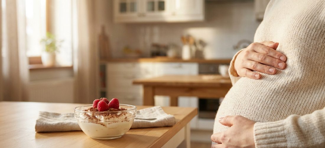Une femme enceinte en pull beige caresse son ventre, avec un dessert au mascarpone, cacao et framboises sur une table en bois.