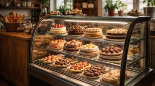 Femme enceinte examinant des pâtisseries dans une boulangerie