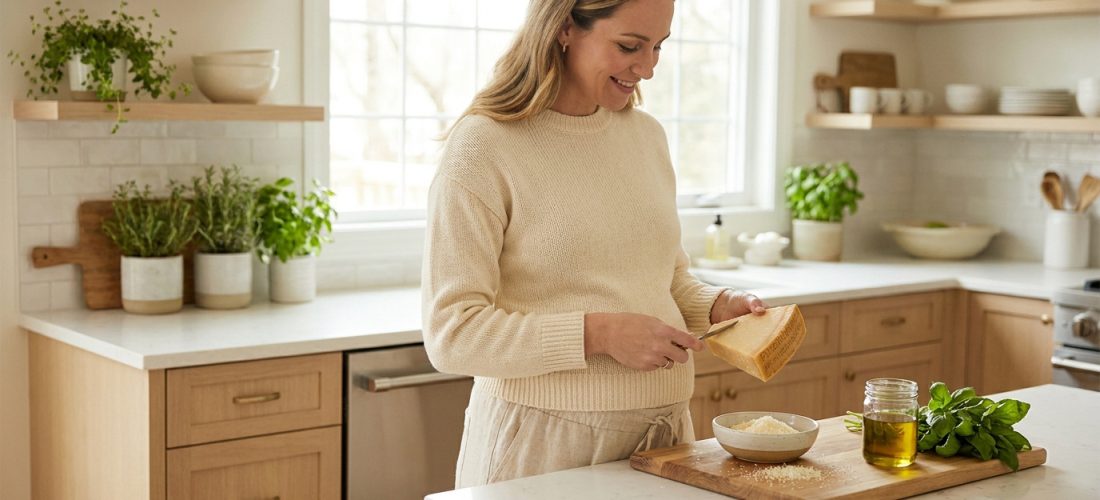 Image d'une femme enceinte souriante dans une cuisine lumineuse, râpant du parmesan sur une planche avec huile d'olive et basilic frais.