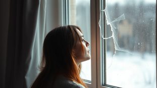 femme m lancolique regardant par une fen tre apr s