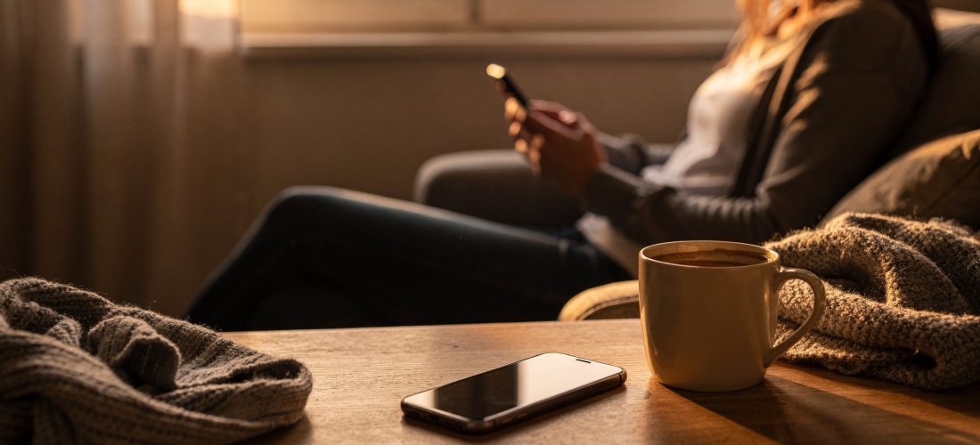 Femme seule regardant son téléphone sans réponse, assise près d'une fenêtre