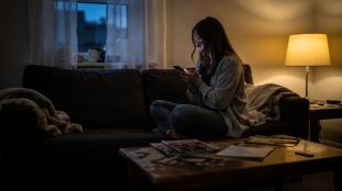 Femme seule sur un canapé regardant son téléphone avec inquiétude