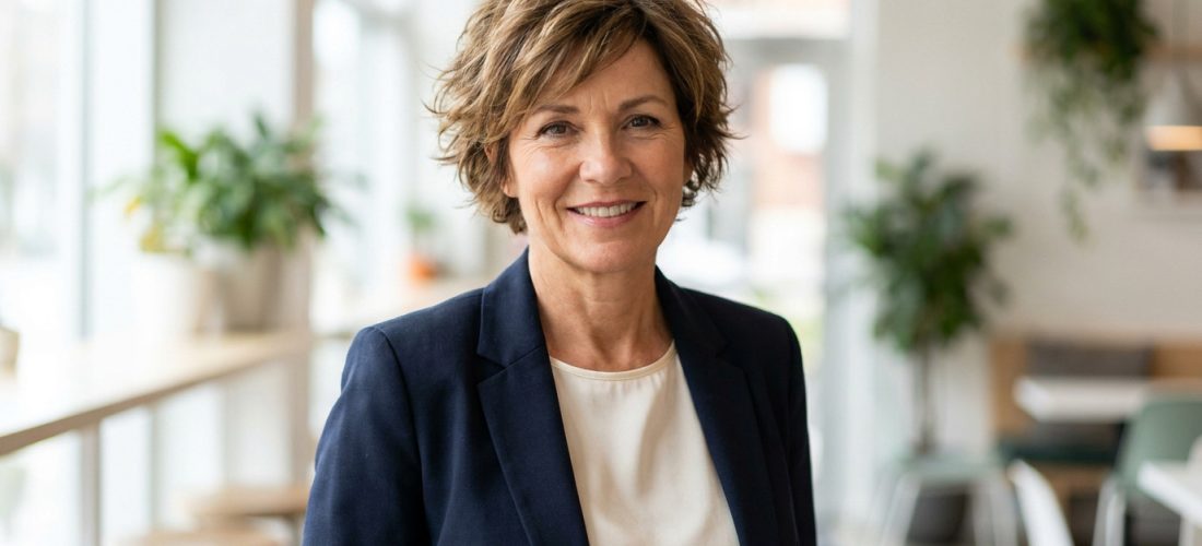 Portrait d'une femme d'âge mûr souriante, avec une coupe courte moderne et un blazer bleu marine. Elle rayonne de confiance.
