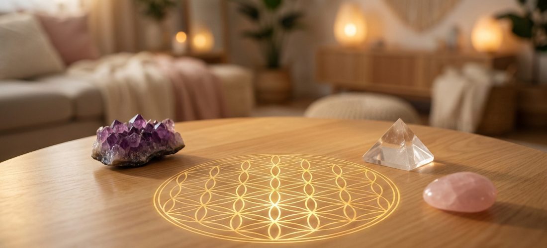 Gros plan sur une table en bois avec une Fleur de vie lumineuse, des cristaux d'améthyste, un quartz rose et une pyramide de quartz clair. Arrière-plan flou d'un intérieur chaleureux.