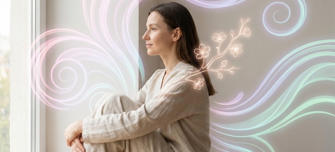 Femme sereine assise près d'une fenêtre, son profil éclairé par des motifs lumineux de fleurs et de volutes pastel.