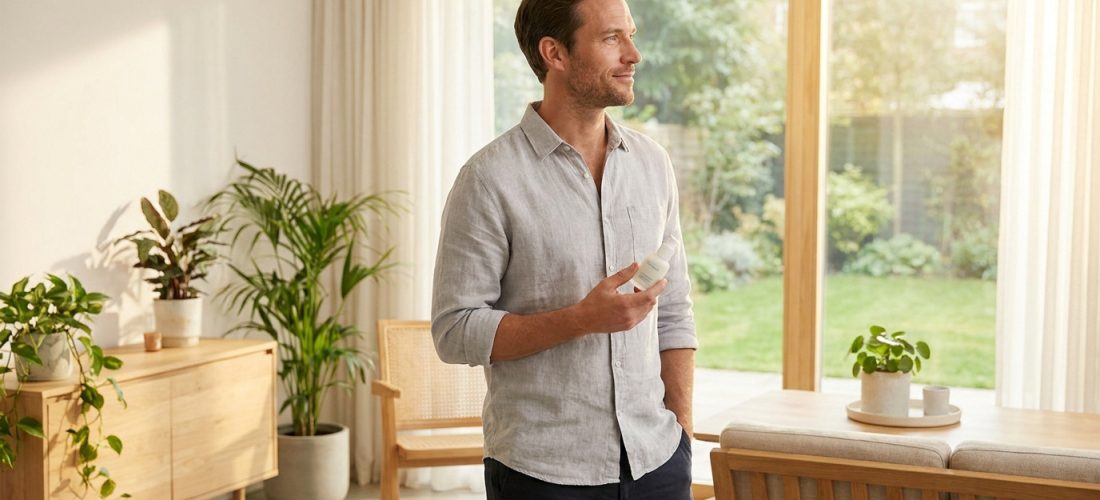 Homme souriant en chemise de lin, tenant un flacon de soin, dans un salon lumineux avec plantes, symbolisant le bien-être.