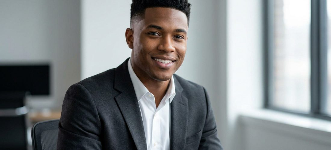 Jeune homme noir souriant avec une coupe taper bas et cheveux courts texturés, vêtu d'une chemise blanche et veste grise.