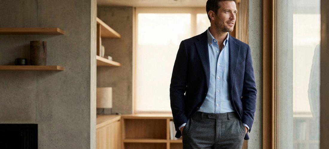 Homme élégant en blazer bleu marine et pantalon gris, mains dans les poches, dans un intérieur moderne et lumineux.