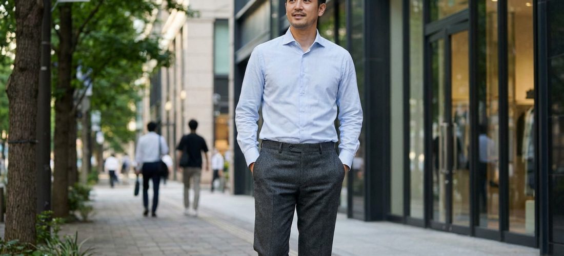 Homme souriant en chemise bleue cintrée et pantalon de costume gris anthracite, mains dans les poches, dans une rue commerçante.