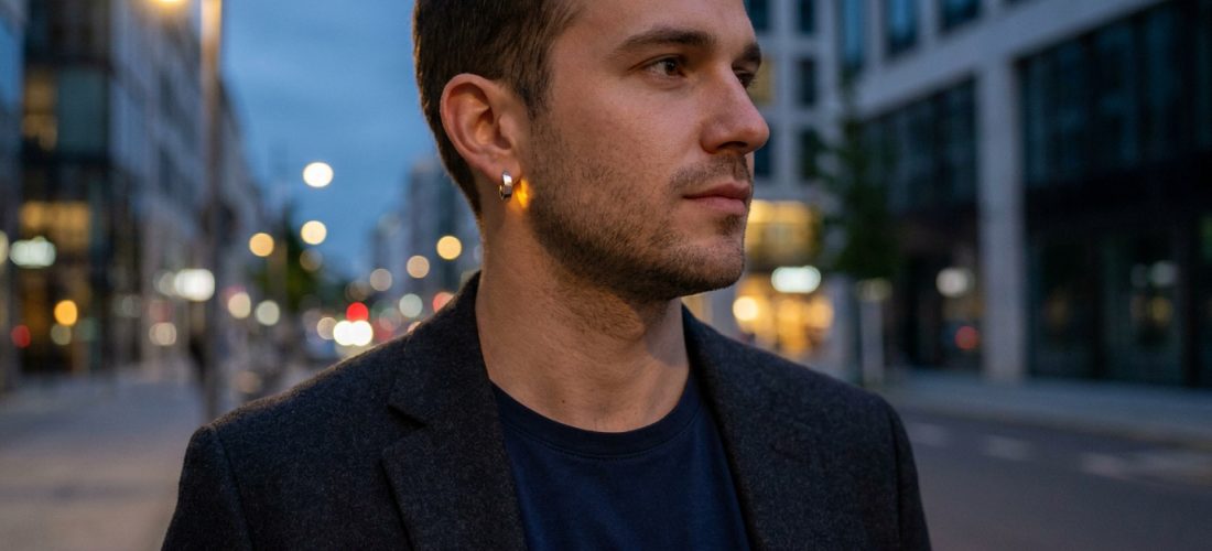 Portrait d'un homme portant une boucle d'oreille créole argentée dans une rue urbaine en soirée.