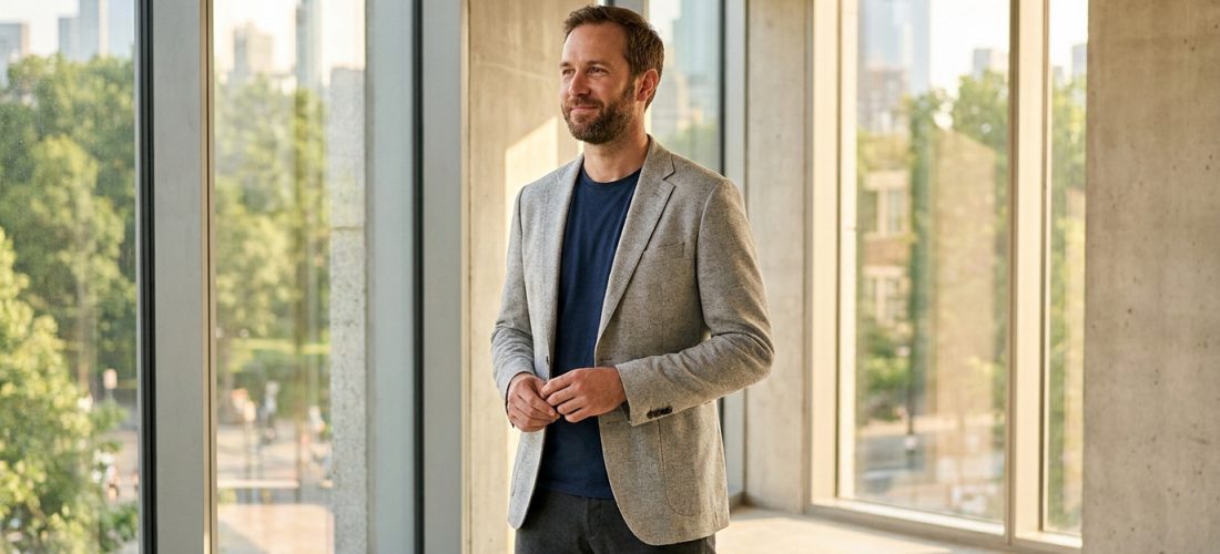 Un homme barbu en veste grise et t-shirt bleu regardant par une baie vitrée dans un intérieur moderne.