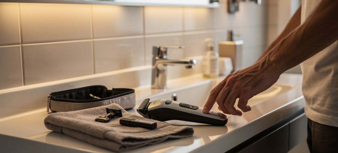 homme utilisant une tondeuse corps dans sa salle d